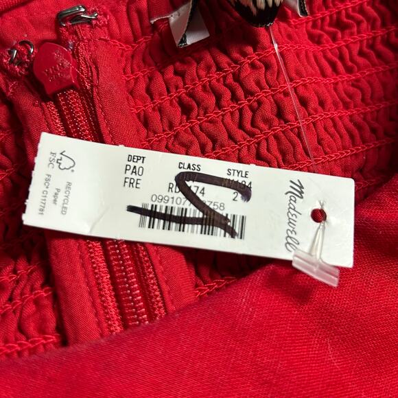 Madewell Ruched Square Neck Linen Cotton Smocked Back Red Lined Tank 2 New - Picture 5 of 12